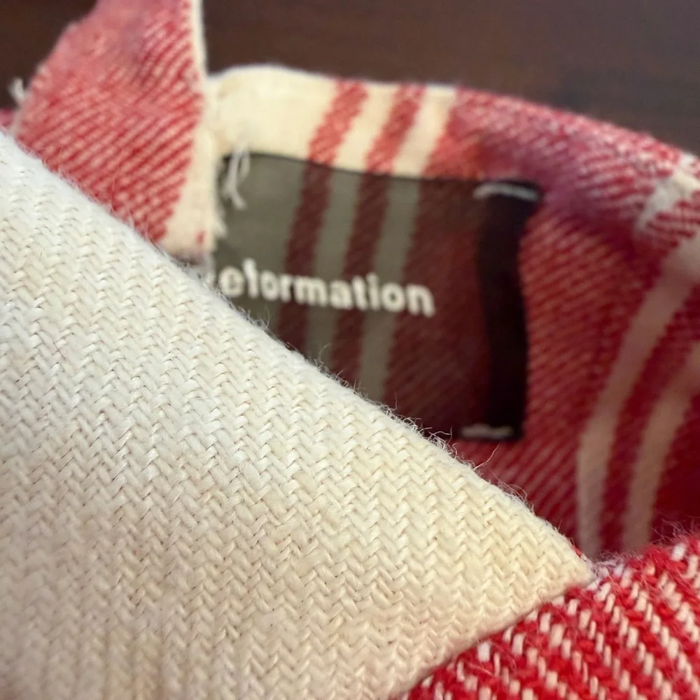 Reformation Coconut Linen Romper in the red and white Cuba Stripe (114)